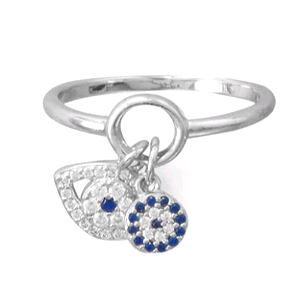 Rhodium Plated Evil Eye Charm Ring Sterling Silver
